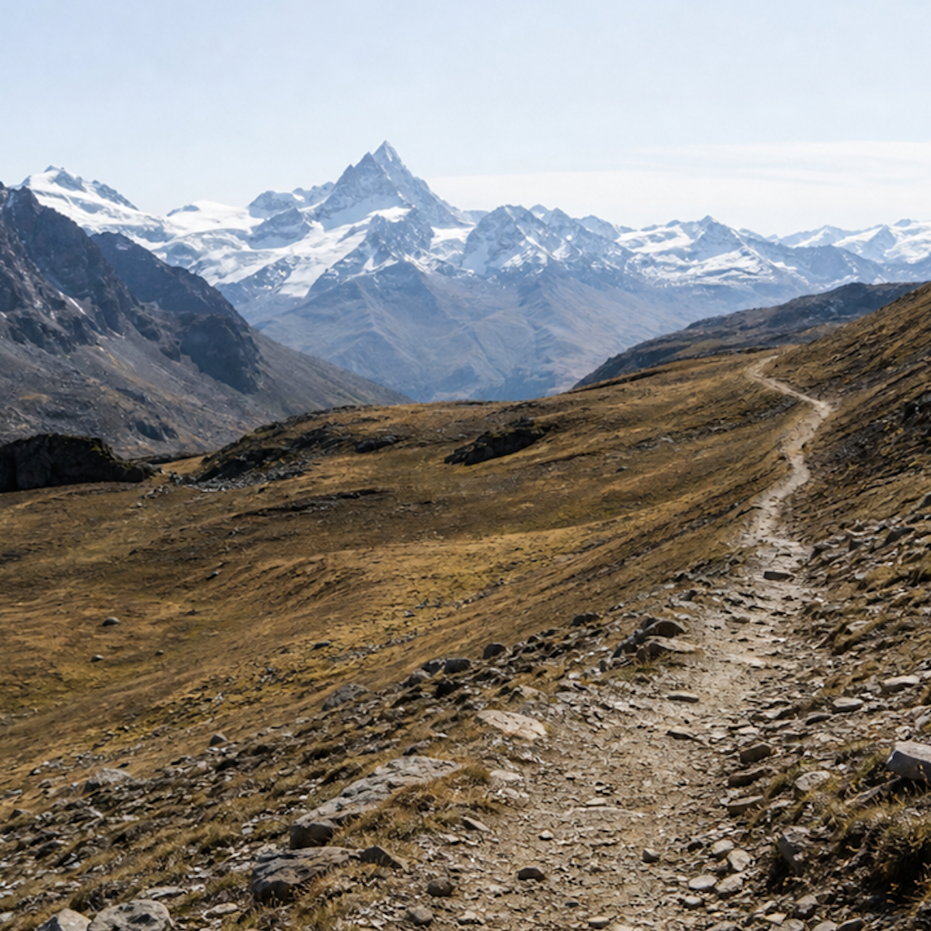 Sentier de montagne au petit matin avec sommets enneigés en arrière-plan