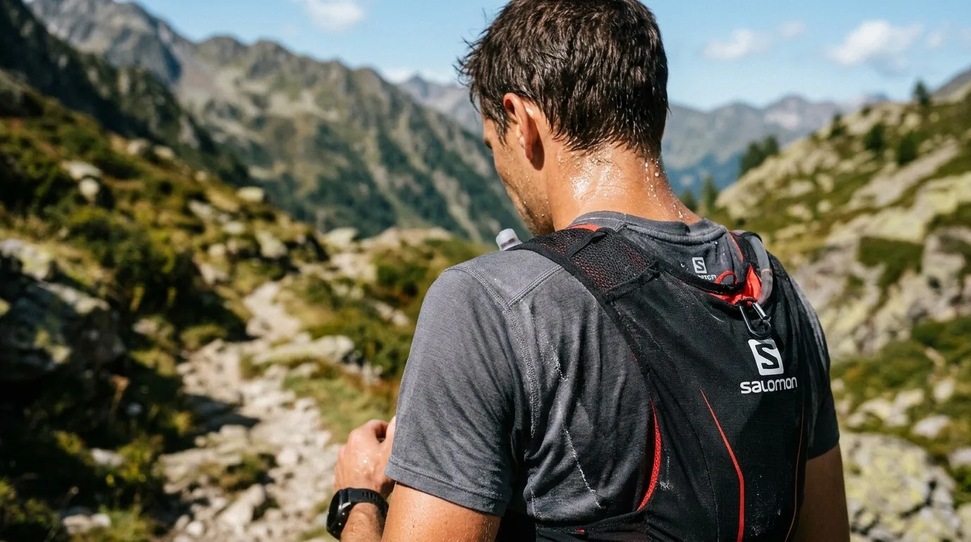 Traileur de dos en montagne, le cou ruisselant de sueur et des traces de sel séché sur son t-shirt gris