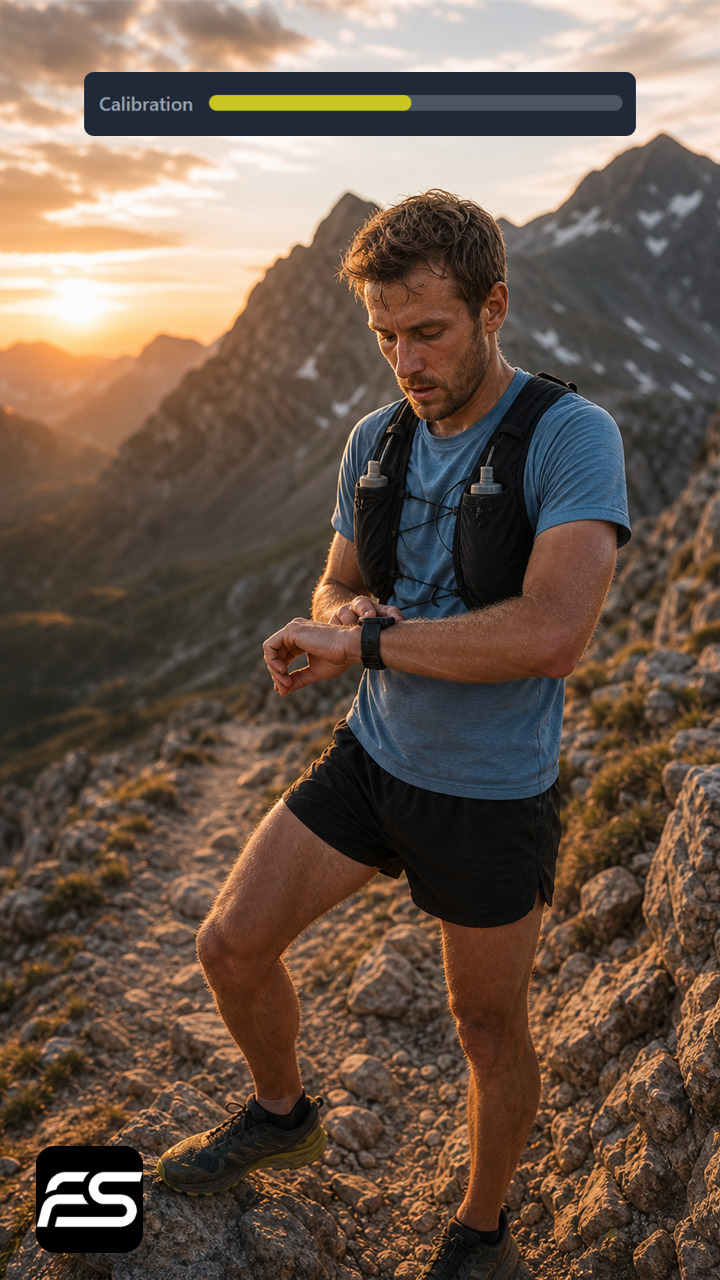 Traileur consultant sa montre GPS en pleine montagne